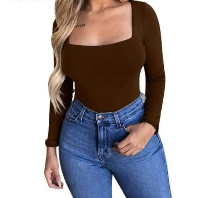 Long Sleeve Knitted Skinny Square Collar Top