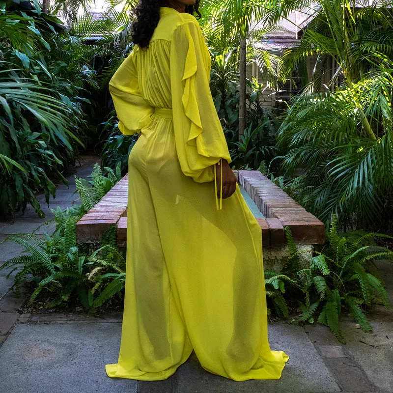 Long-Sleeved Chiffon Wide-Leg Jumpsuit