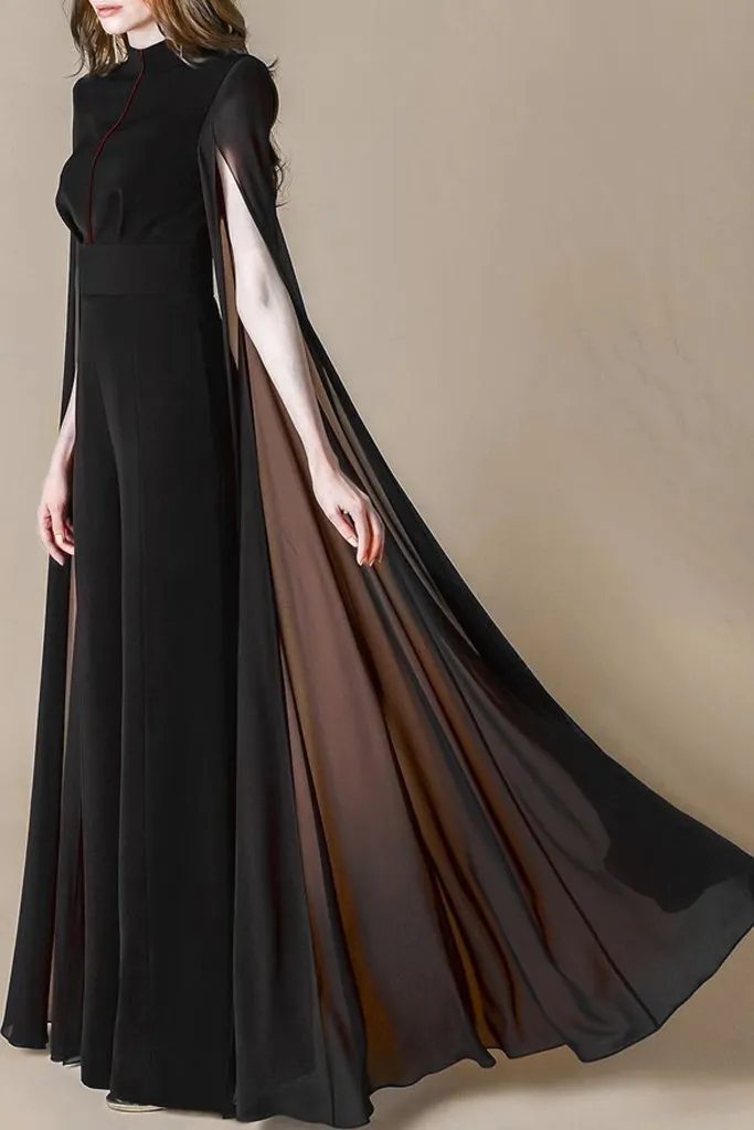 Long-Tulle-Sleeve Jumpsuit, Black