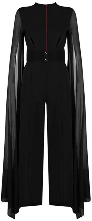 Long-Tulle-Sleeve Jumpsuit, Black