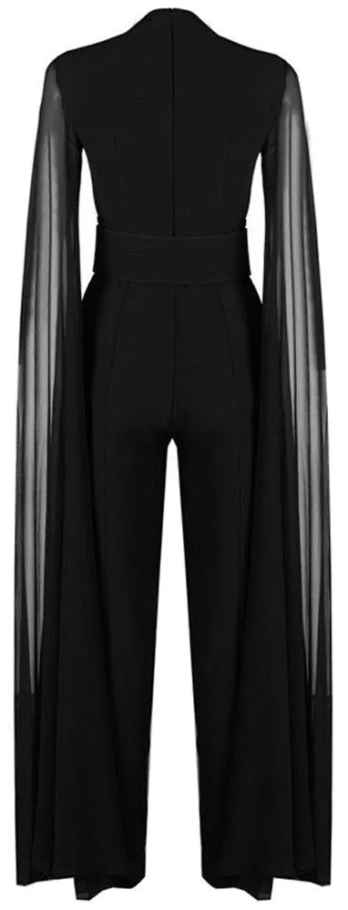 Long-Tulle-Sleeve Jumpsuit, Black