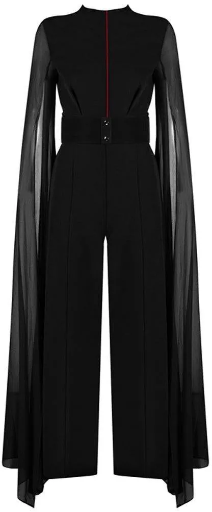 Long-Tulle-Sleeve Jumpsuit, Black