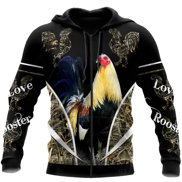 Love Rooster 3D Design All Over Printed Sweatshirt Zip Hoodie Christmas Gift