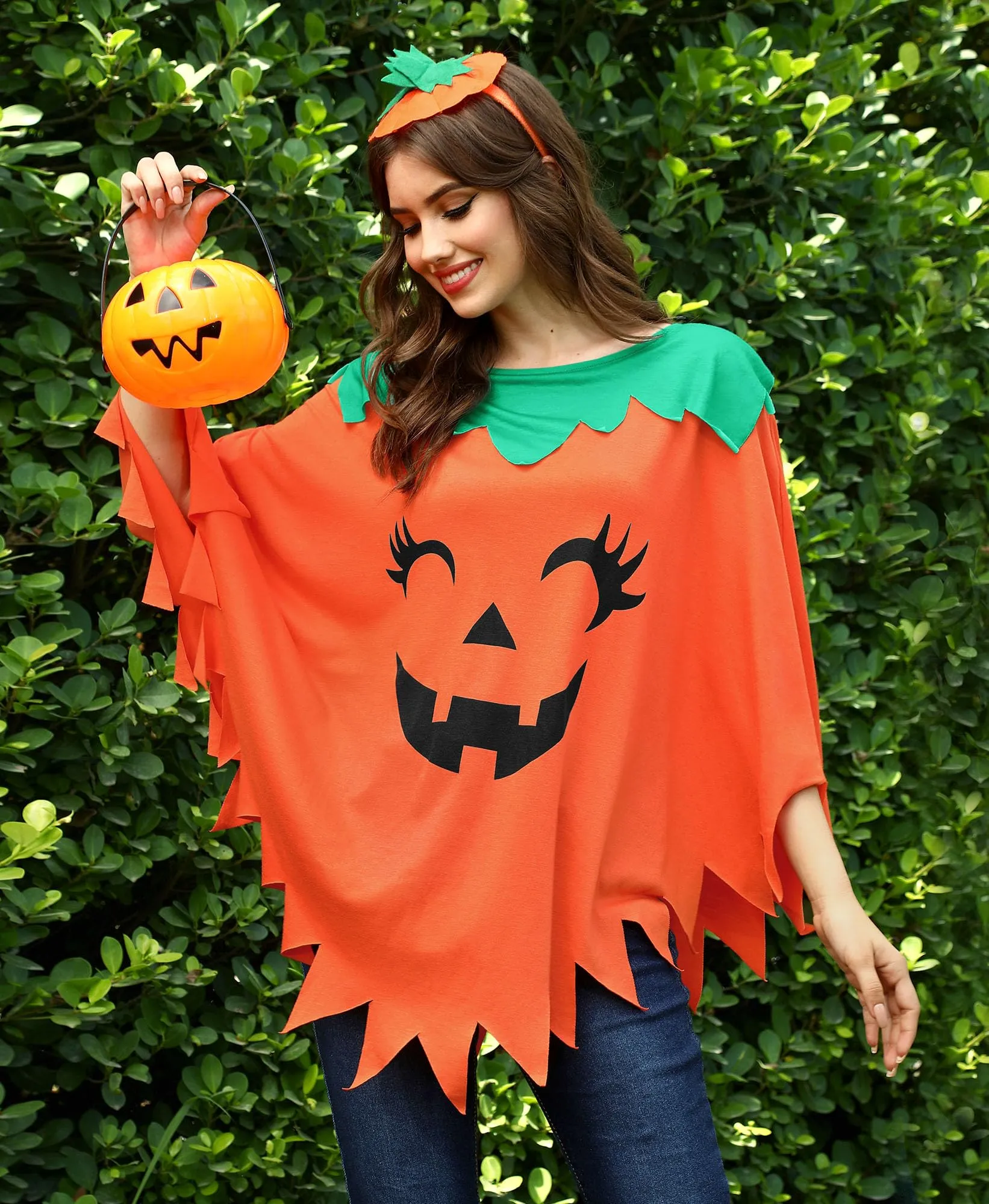 Maisolly Women's Halloween Pumpkin Poncho Costume Adult Cape with Hair Band