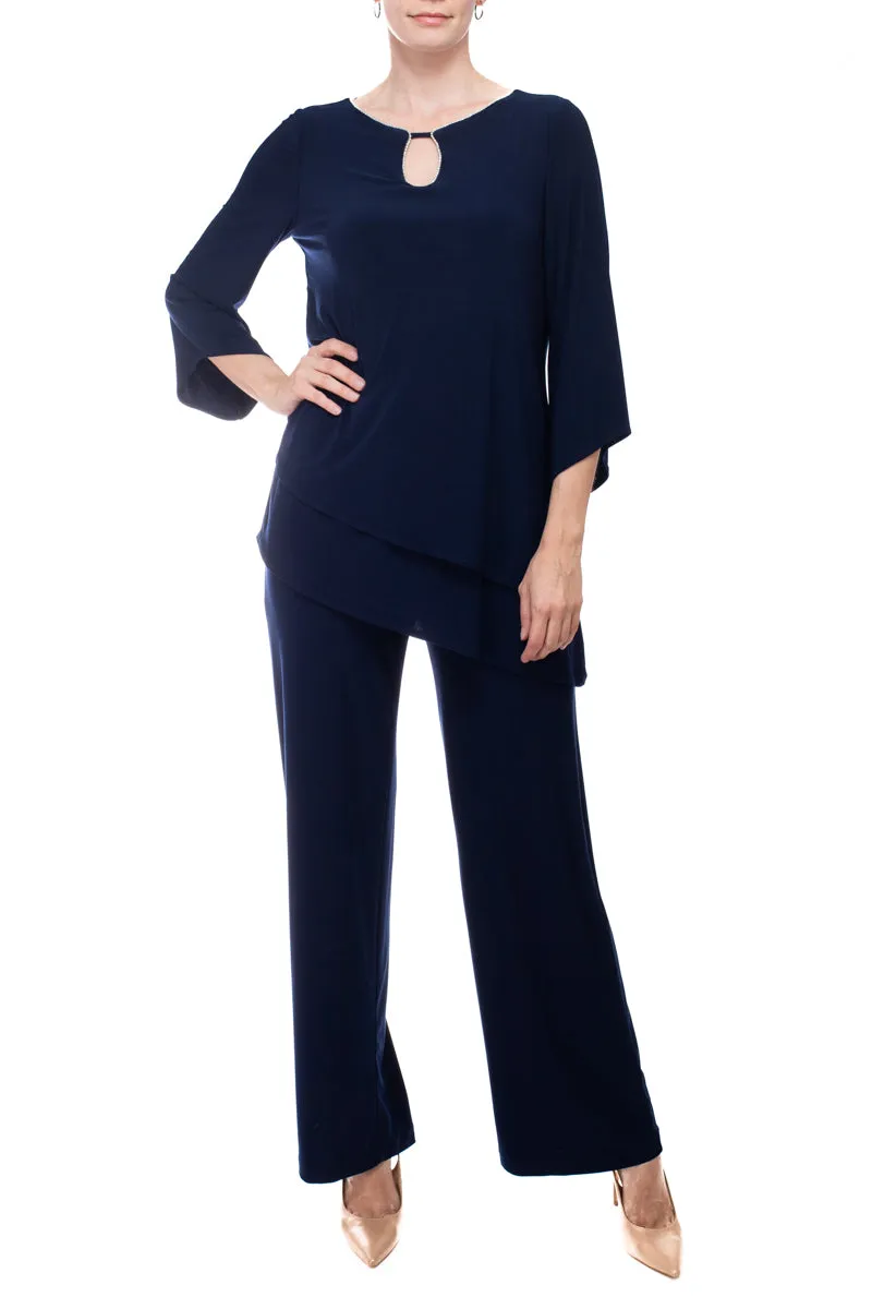 Marina embellished neck 3/4 sleeve tiered top solid matte jersey jumpsuit