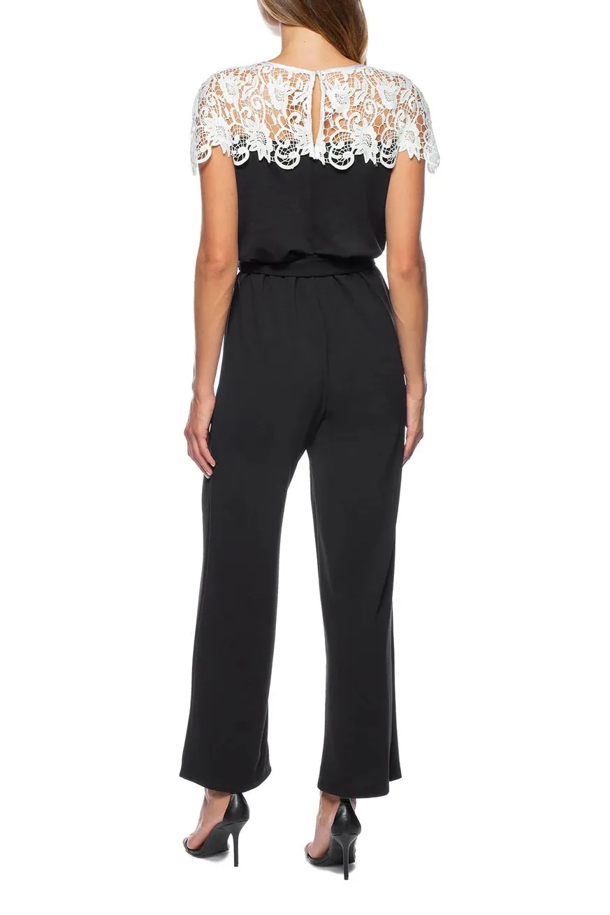 Marina Illusion Boat Lace Neck Elastic Tie Waist Keyhole Zipper Back Stretch Crepe Jumpsuit