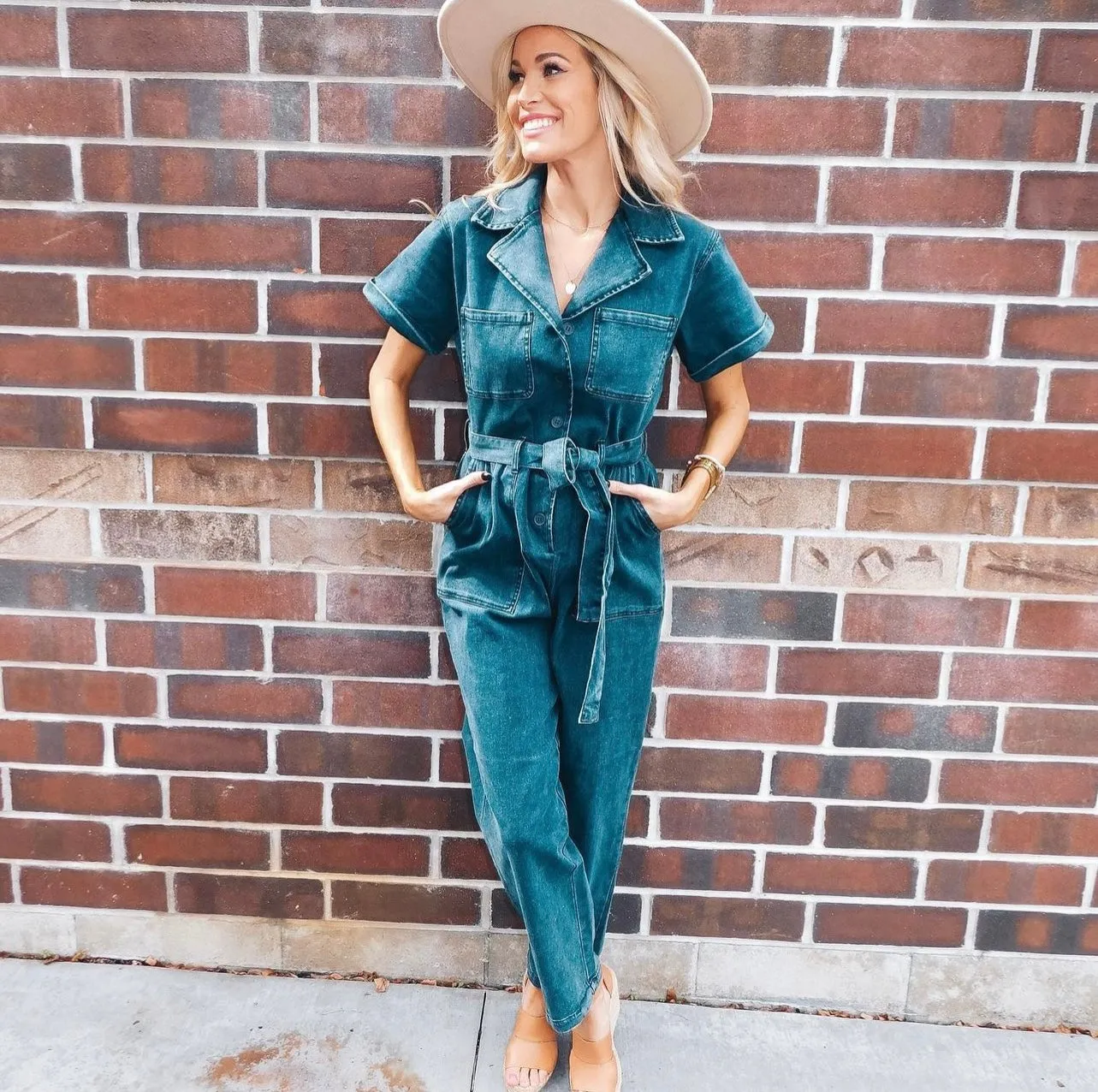 Marisol Short Sleeve Denim Utility Style Jumpsuit