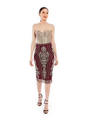 Maroon Pencil Skirt in Net Base With Pearl Embroidery