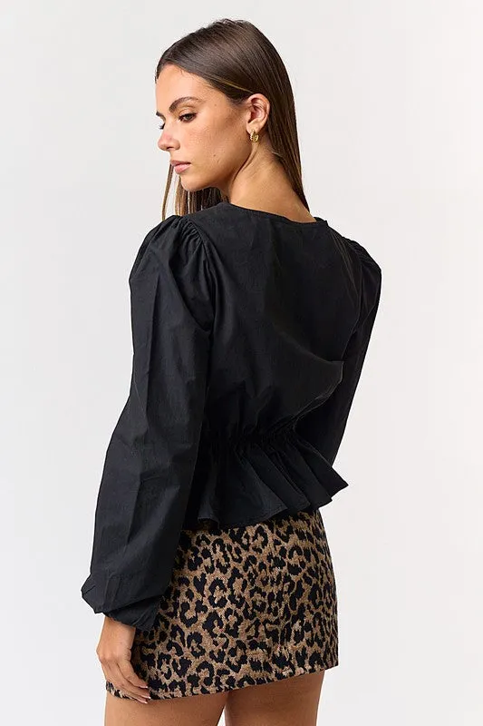 Maura Long Sleeve Bow Tie Peplum Top Black