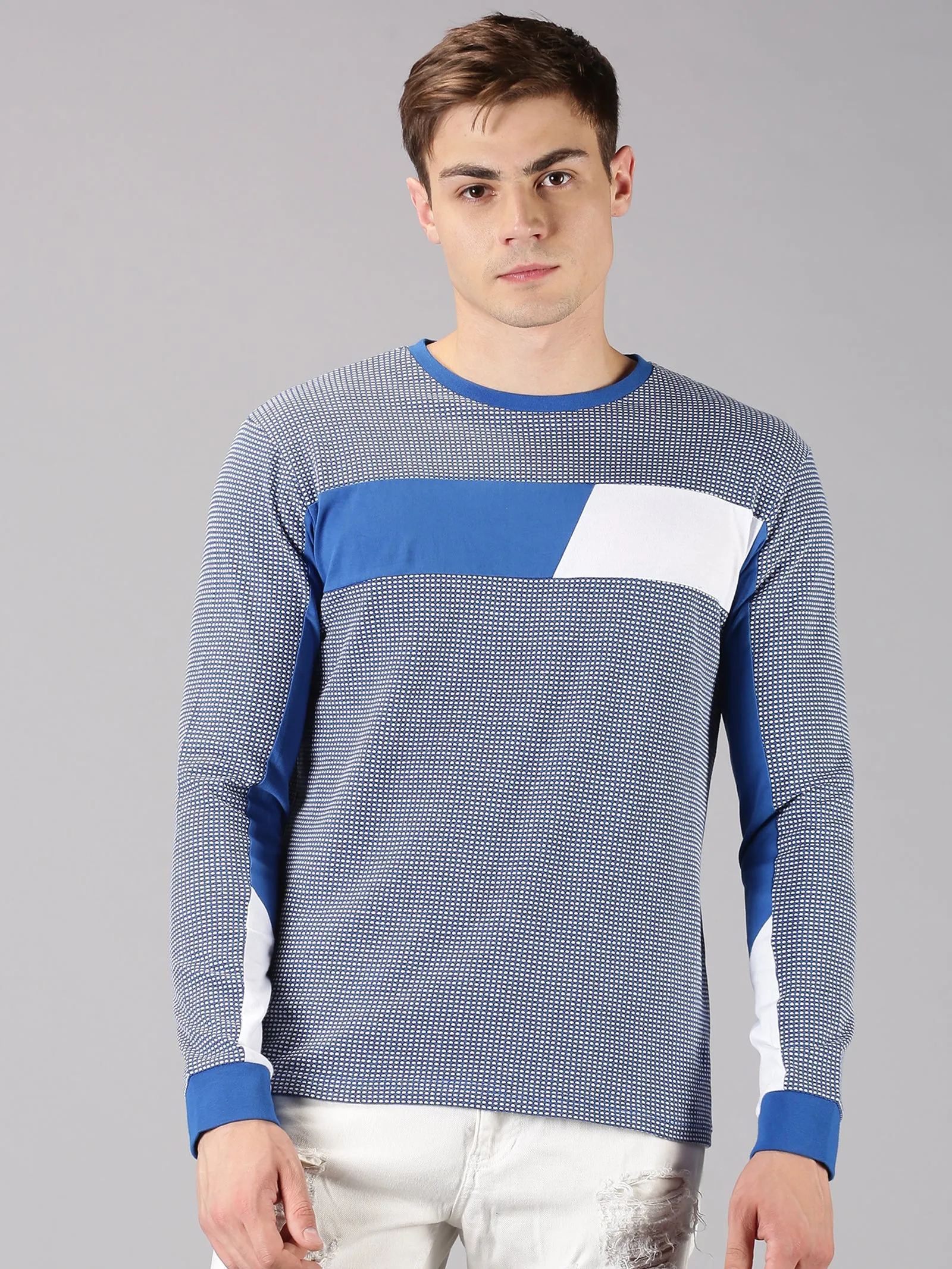 Men Sky Blue White Color Blocked Round Neck Recycled Cotton Full Sleeve Regular Fit Casual T-Shirt