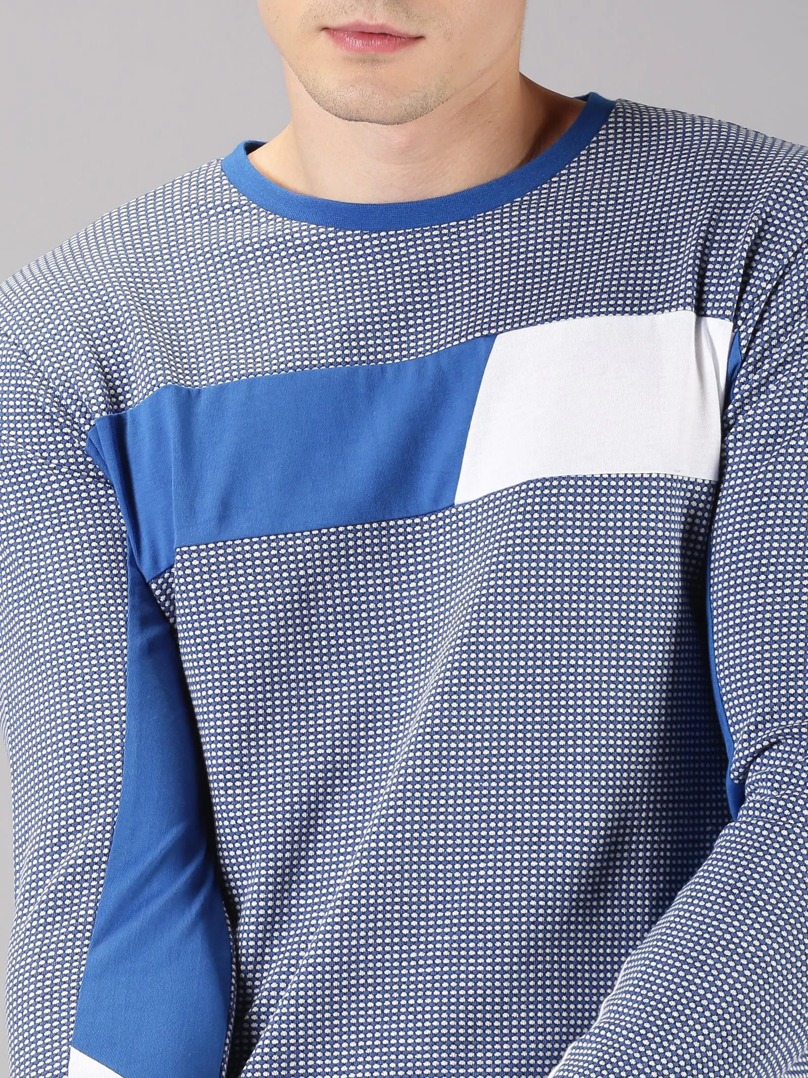 Men Sky Blue White Color Blocked Round Neck Recycled Cotton Full Sleeve Regular Fit Casual T-Shirt