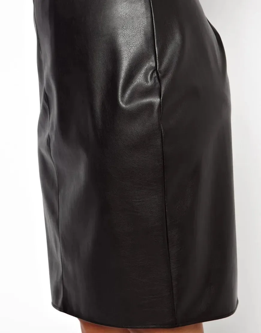 Mid-Length High Waist Black Leather Pencil Skirt