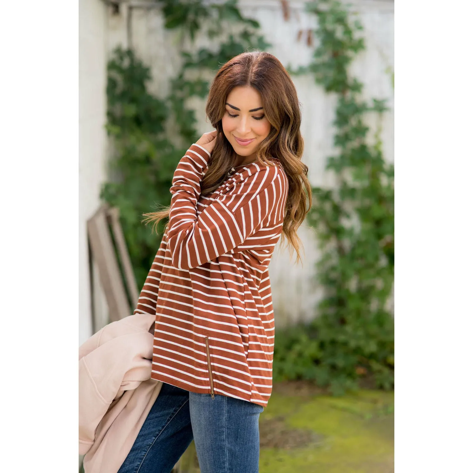 Mixed Stripe Zipper Bottom Sweatshirt