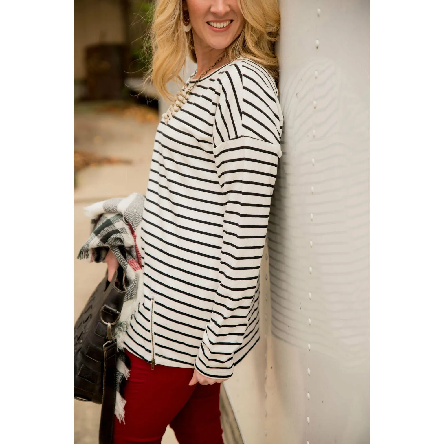 Mixed Stripe Zipper Bottom Sweatshirt