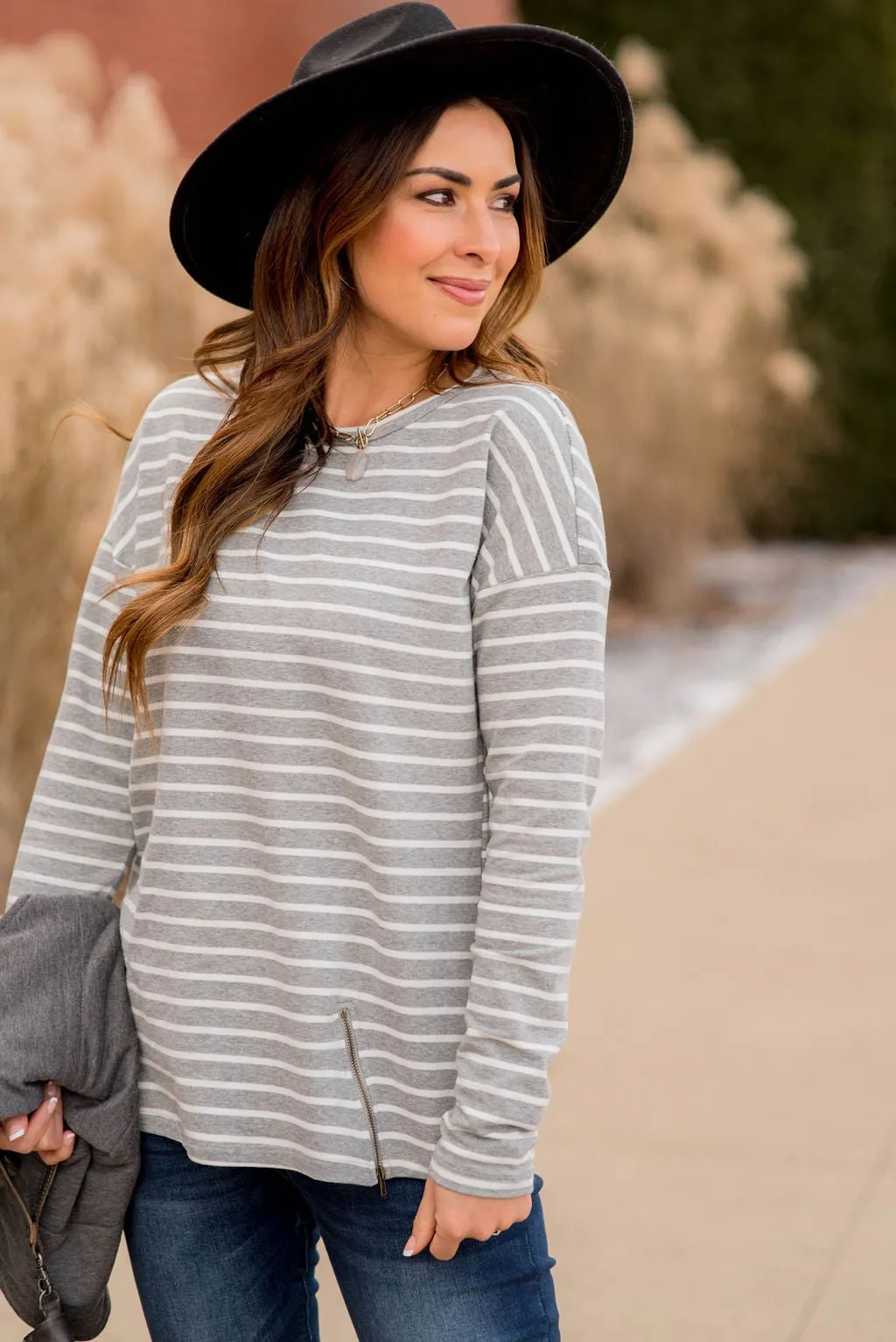 Mixed Stripe Zipper Bottom Sweatshirt