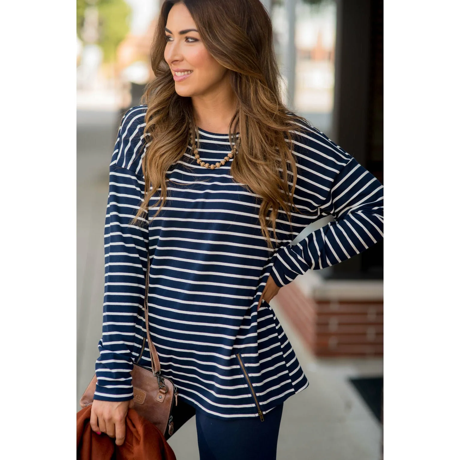 Mixed Stripe Zipper Bottom Sweatshirt