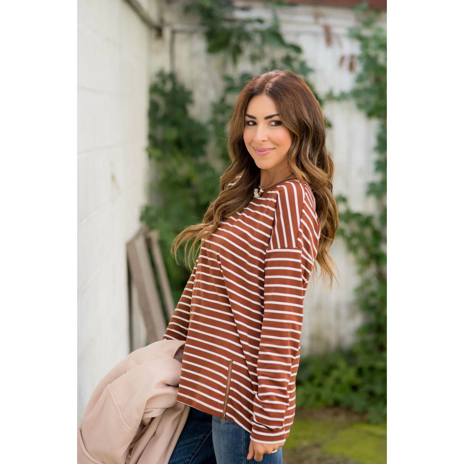 Mixed Stripe Zipper Bottom Sweatshirt