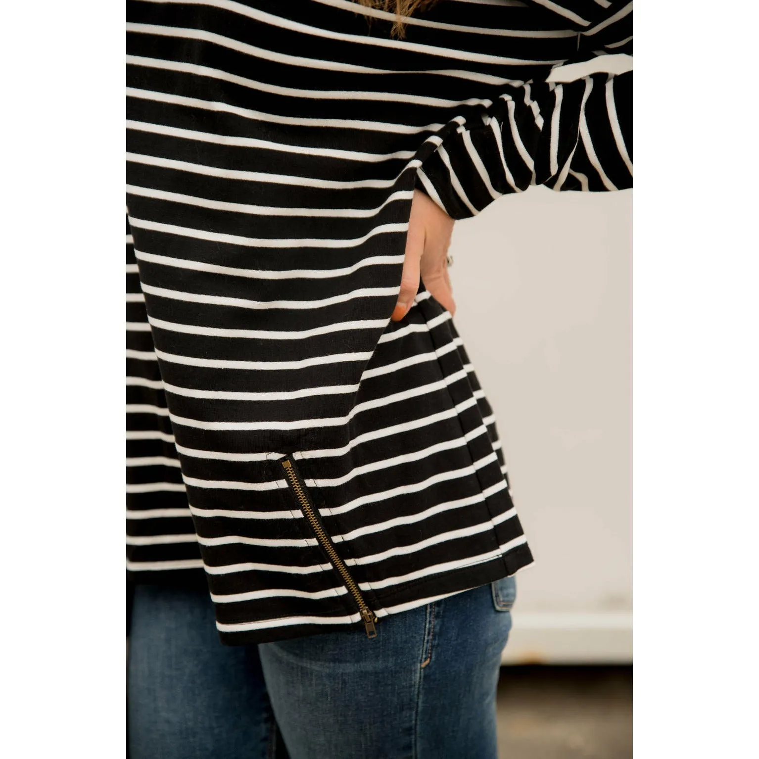 Mixed Stripe Zipper Bottom Sweatshirt