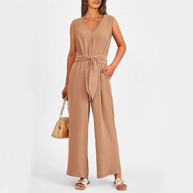 New V-neck Sleeveless Long Jumpsuit With Pockets And Lace-up Design Wide-leg Straight Trousers