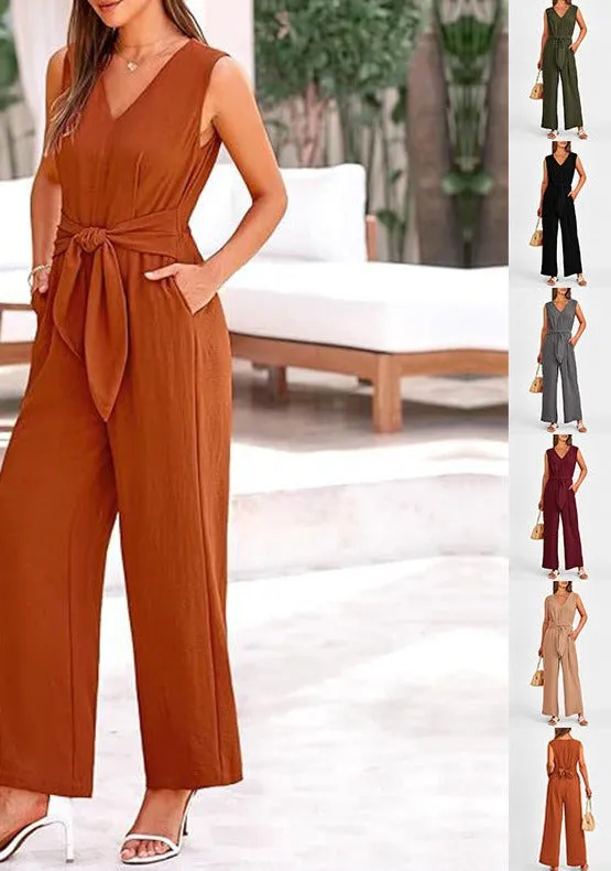 New V-neck Sleeveless Long Jumpsuit With Pockets And Lace-up Design Wide-leg Straight Trousers