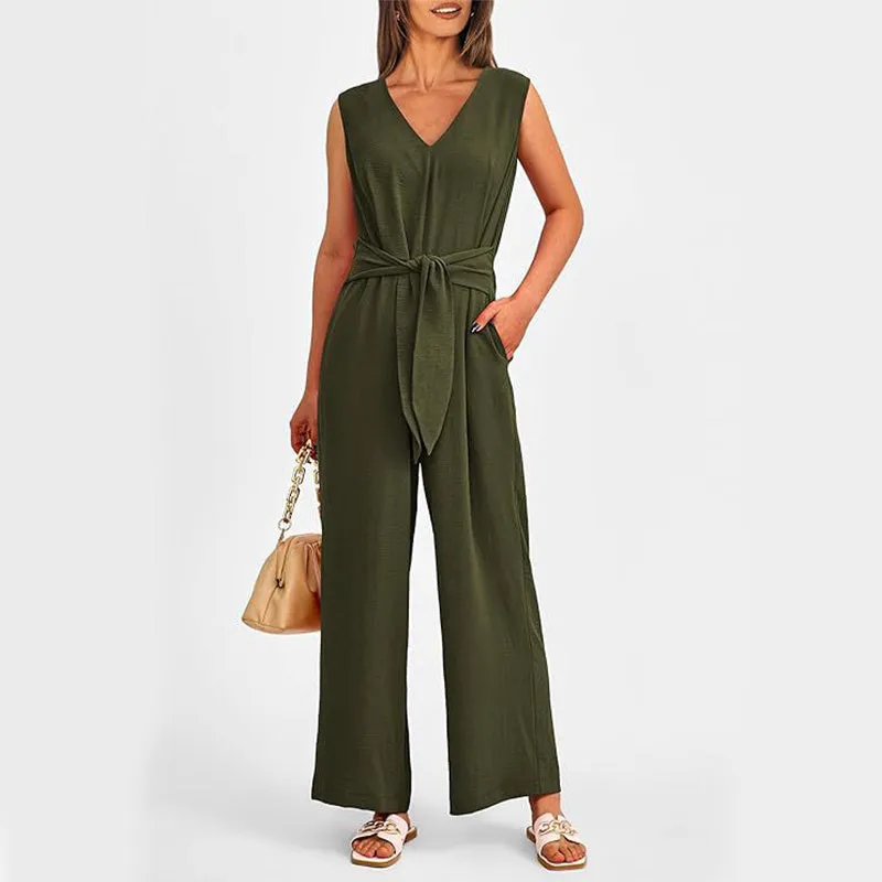 New V-neck Sleeveless Long Jumpsuit With Pockets And Lace-up Design Wide-leg Straight Trousers