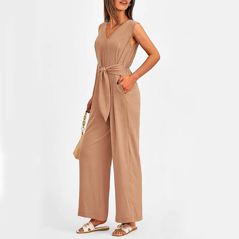 New V-neck Sleeveless Long Jumpsuit With Pockets And Lace-up Design Wide-leg Straight Trousers