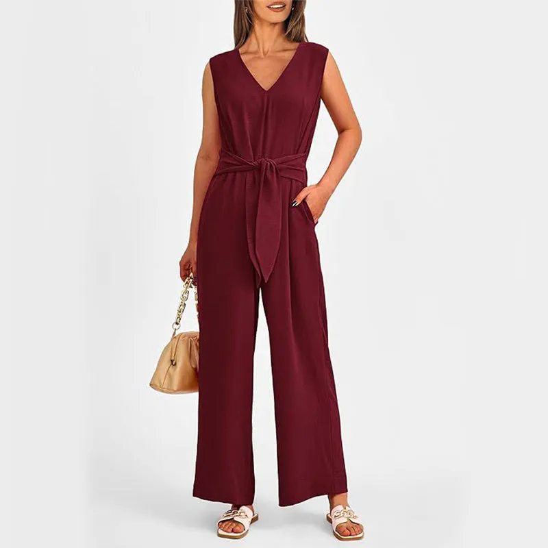 New V-neck Sleeveless Long Jumpsuit With Pockets And Lace-up Design Wide-leg Straight Trousers