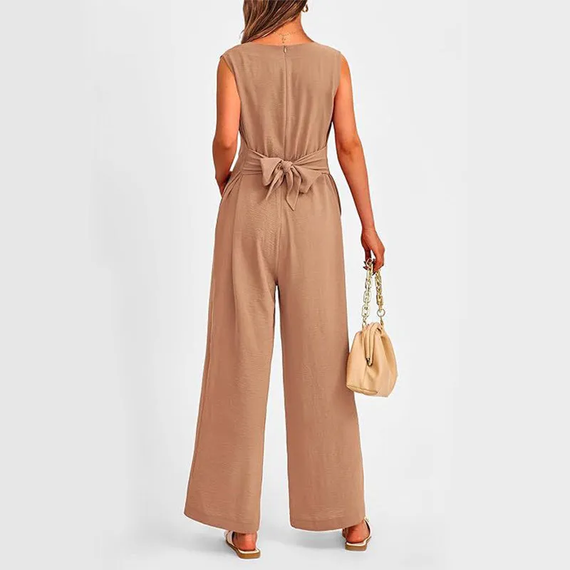 New V-neck Sleeveless Long Jumpsuit With Pockets And Lace-up Design Wide-leg Straight Trousers