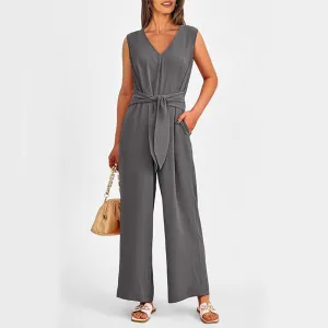 New V-neck Sleeveless Long Jumpsuit With Pockets And Lace-up Design Wide-leg Straight Trousers