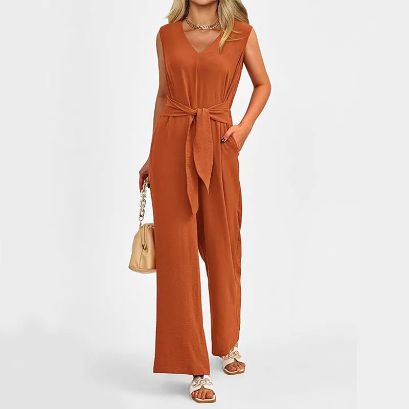 New V-neck Sleeveless Long Jumpsuit With Pockets And Lace-up Design Wide-leg Straight Trousers