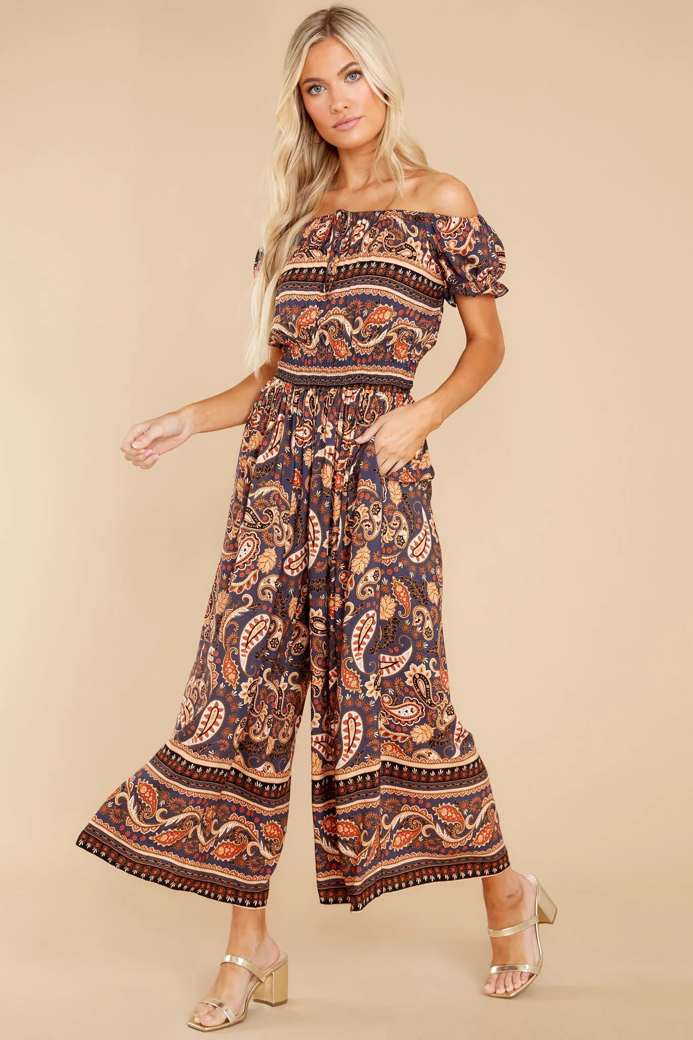 Nostalgic Vibes Indigo And Rust Print Jumpsuit