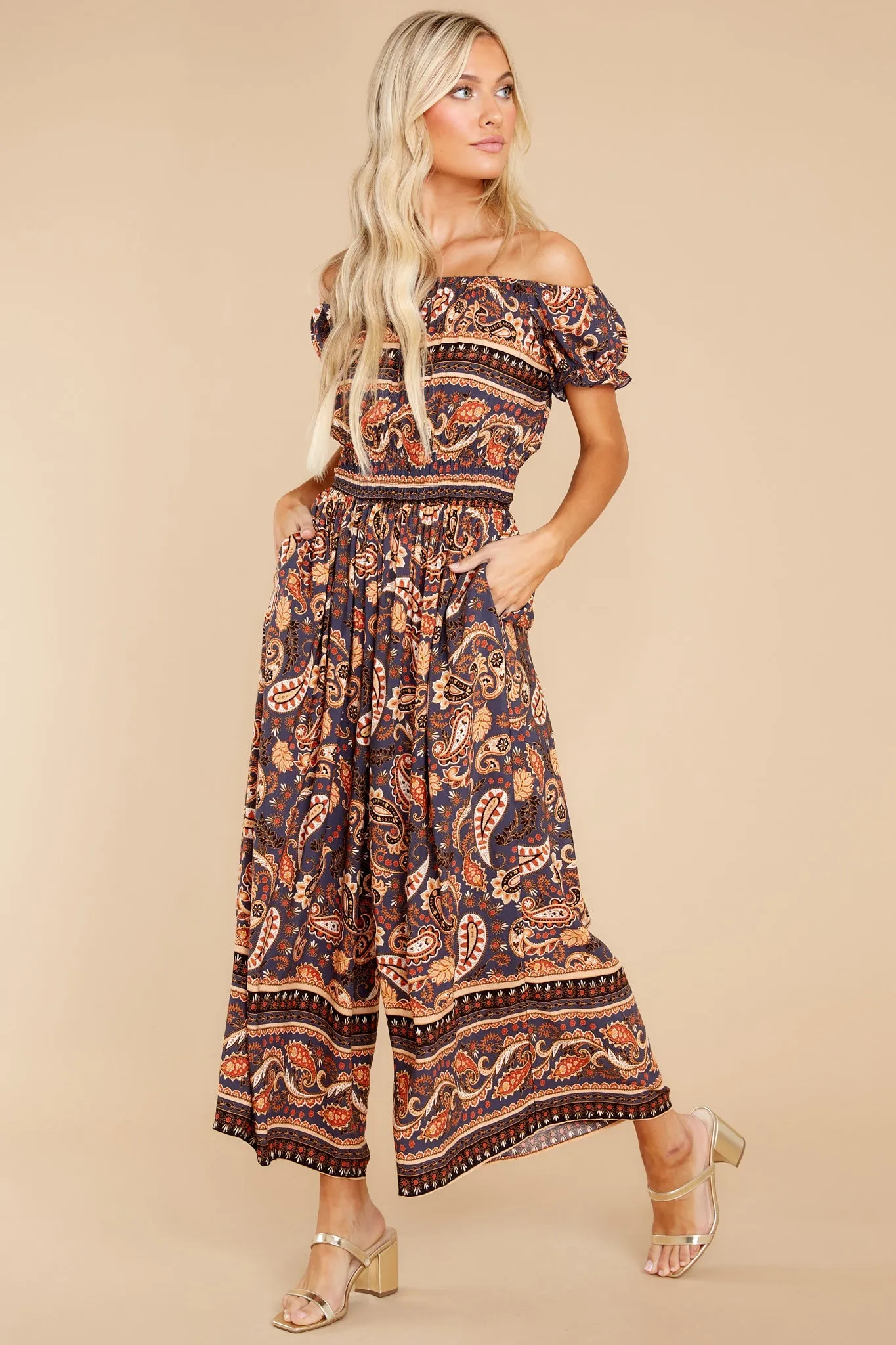 Nostalgic Vibes Indigo And Rust Print Jumpsuit