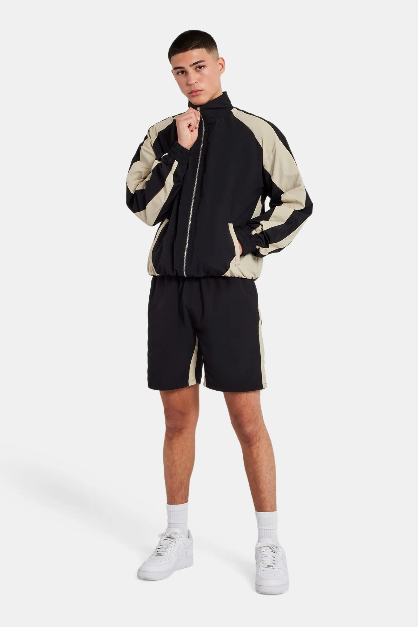 Nylon Panelled Track Jacket & Short Set - Black