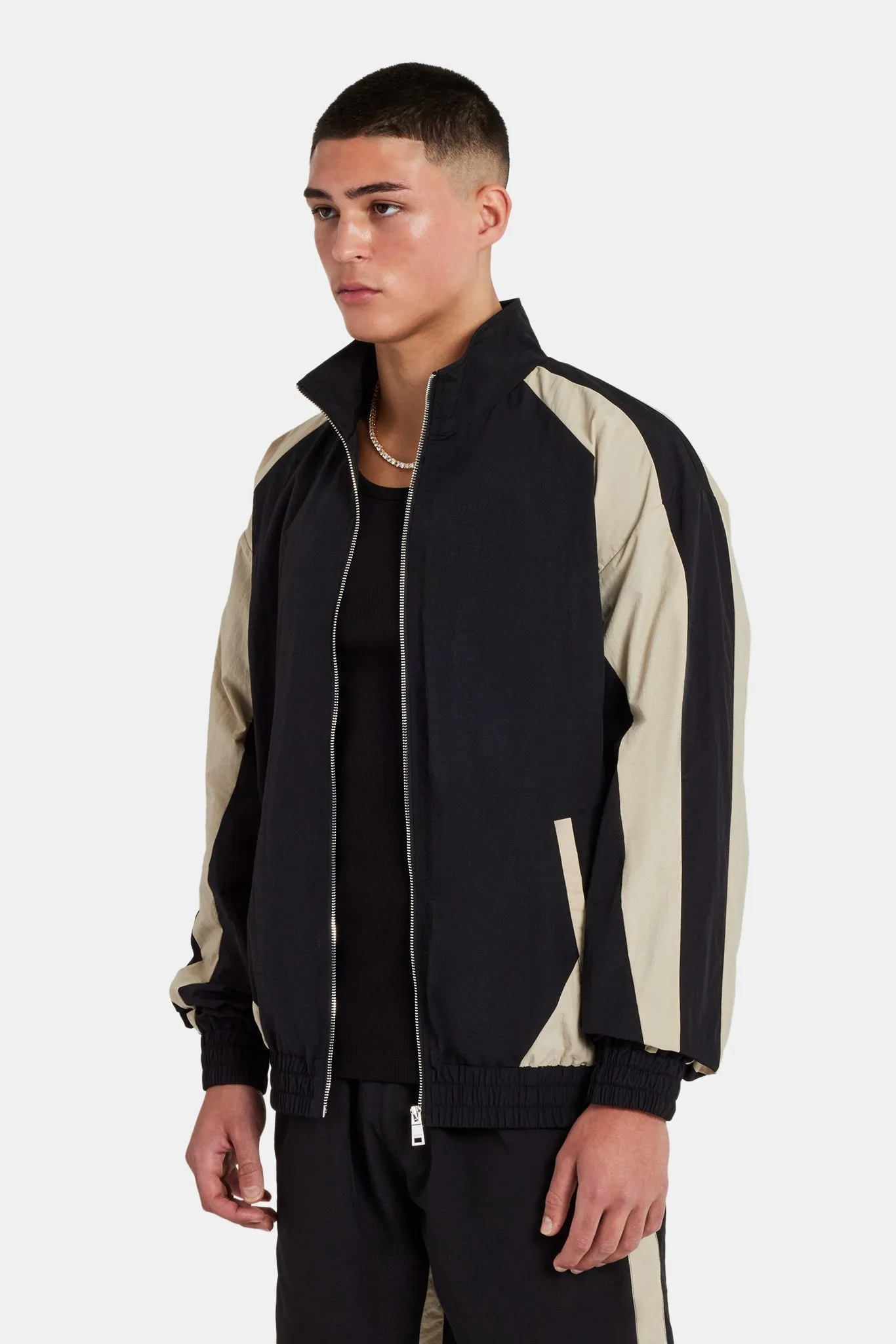 Nylon Panelled Track Jacket & Short Set - Black