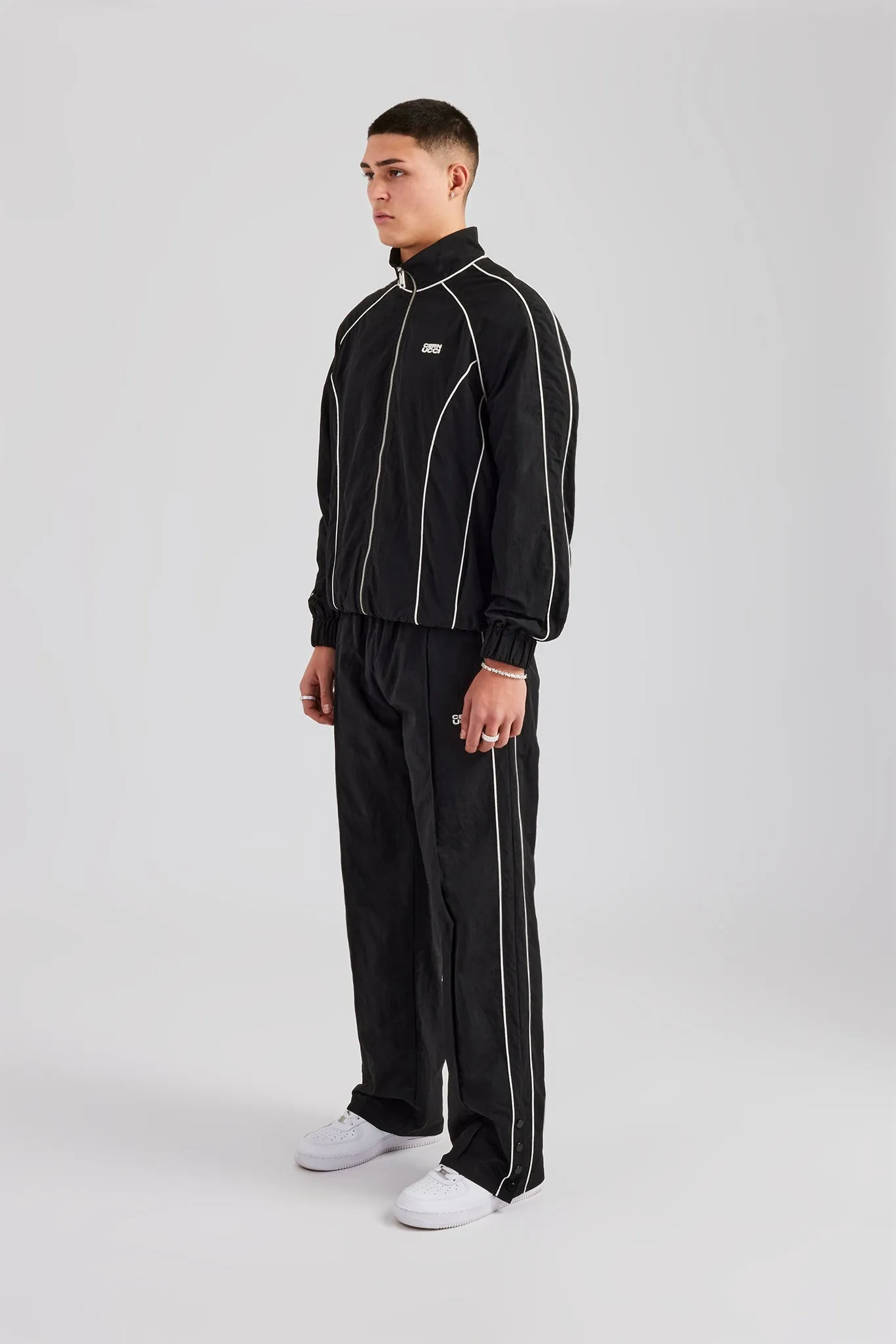 Nylon Piping Zip Through Tracksuit - Black