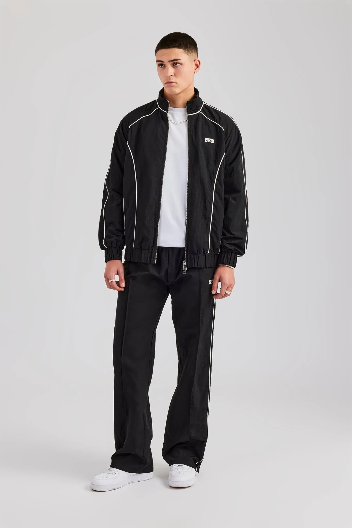 Nylon Piping Zip Through Tracksuit - Black