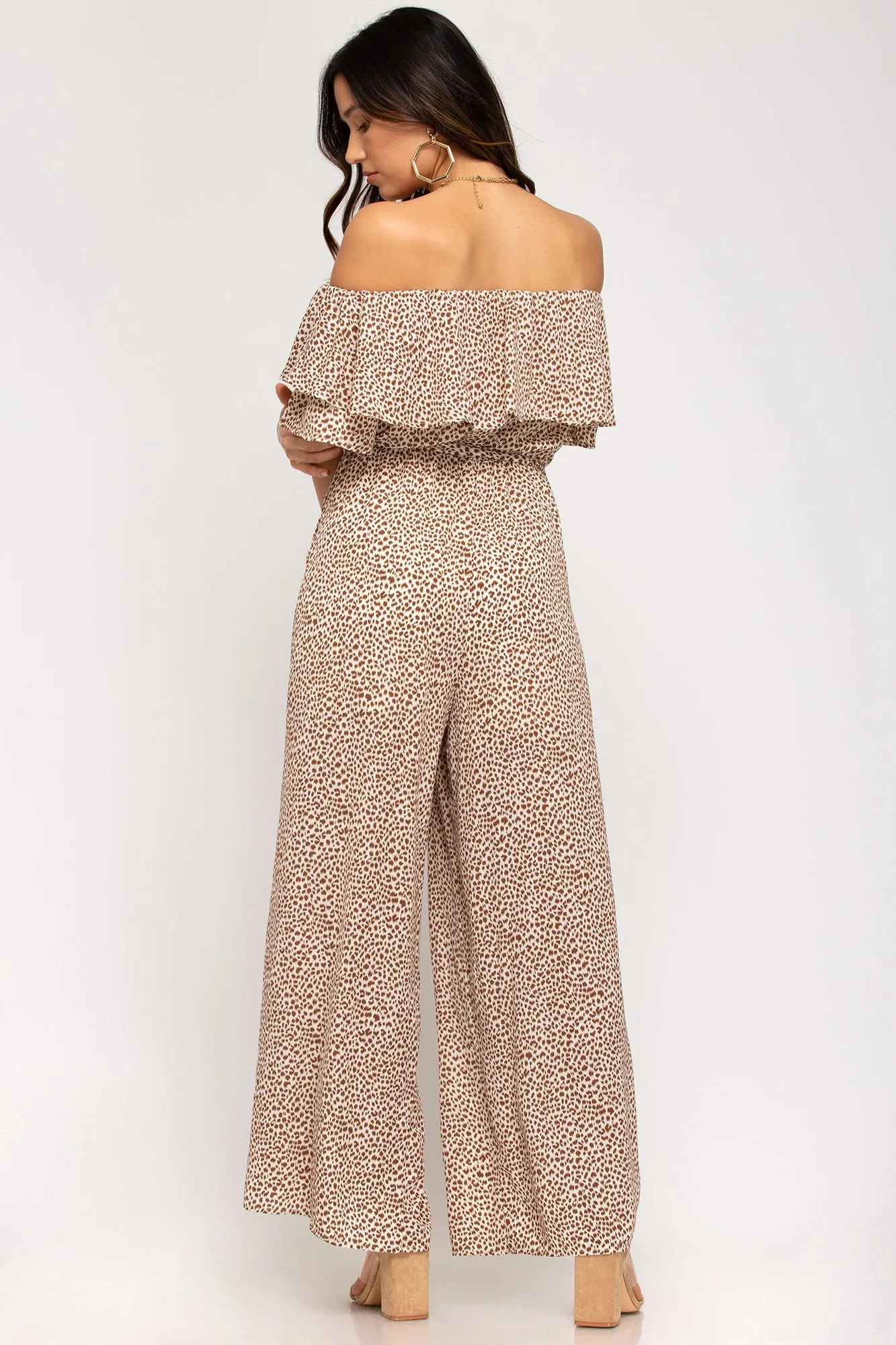 Off-the-shoulder ruffled woven printed jumpsuit with waist sash and lining