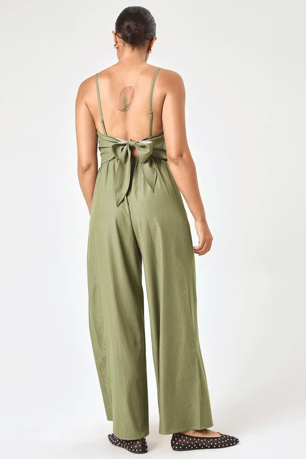 Olive Tie Back Stretch Denim Jumpsuit