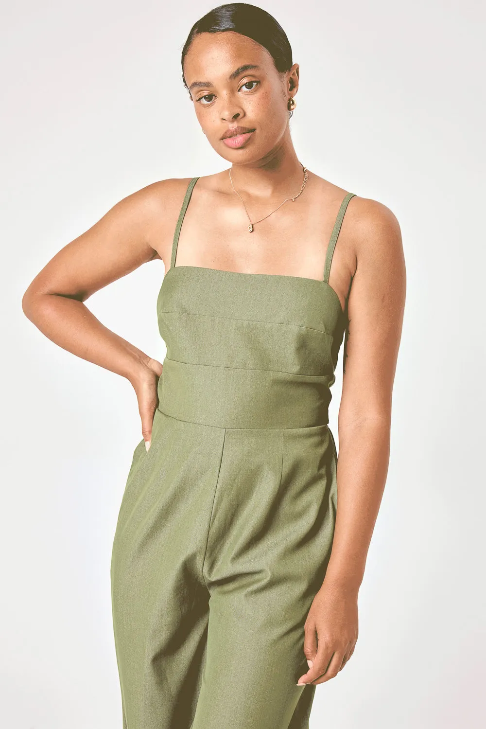 Olive Tie Back Stretch Denim Jumpsuit