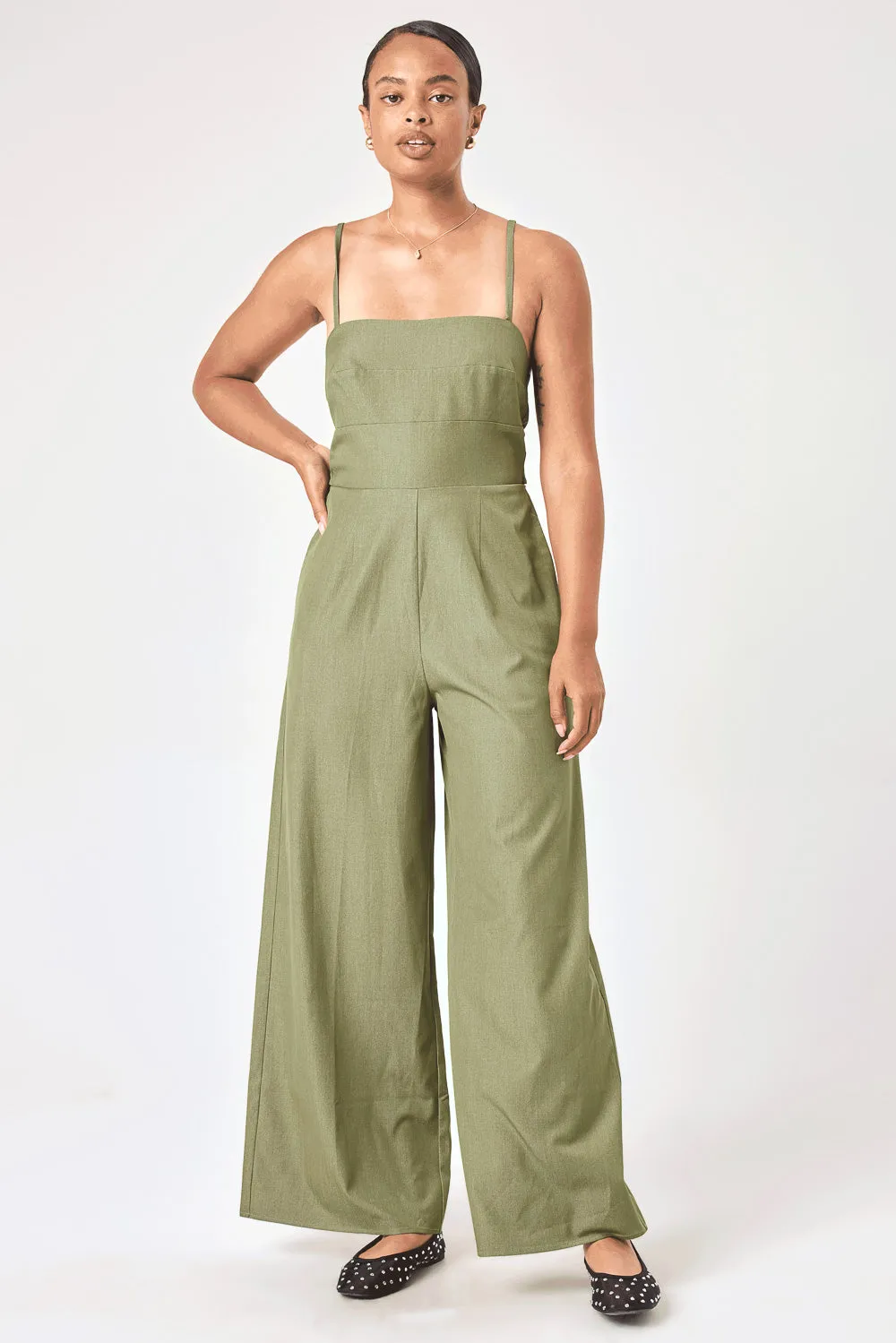 Olive Tie Back Stretch Denim Jumpsuit