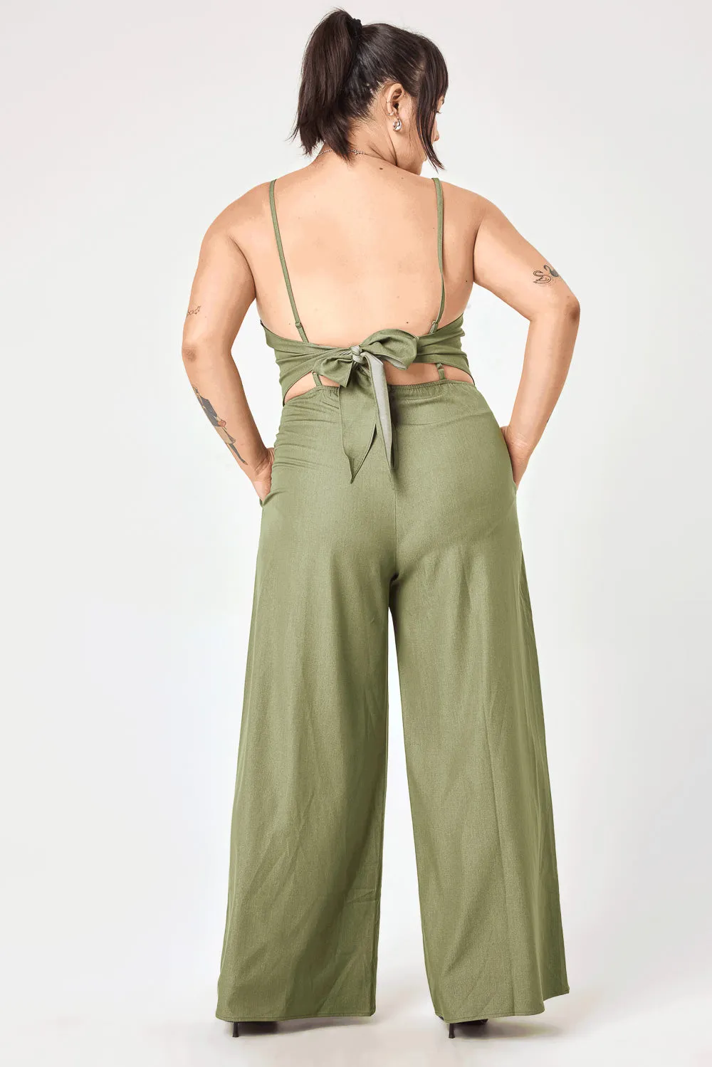 Olive Tie Back Stretch Denim Jumpsuit