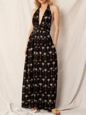 On Vacation Halter Neck Maxi Dress in Black/Multi