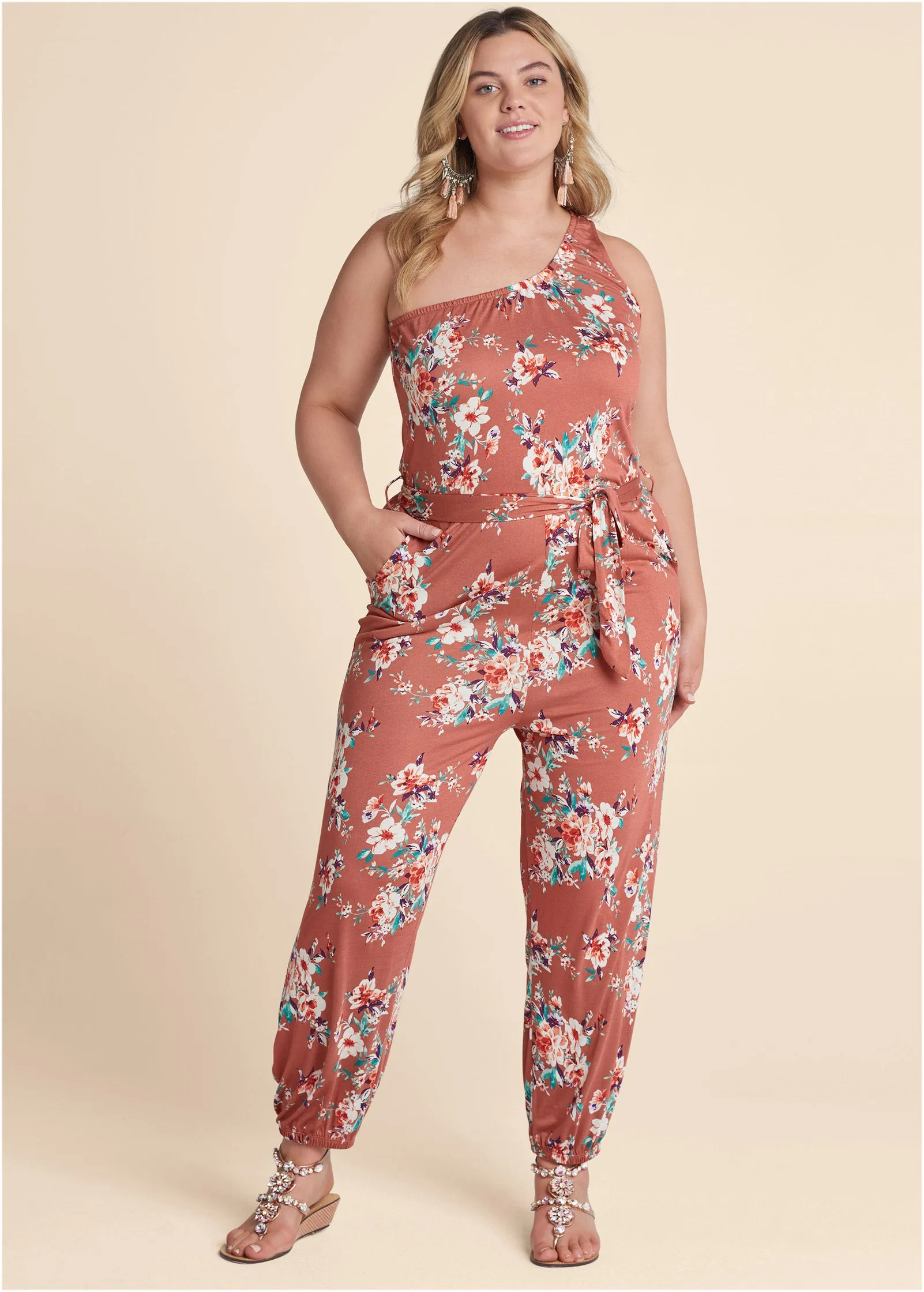 One-Shoulder Jumpsuit - Pink Multi