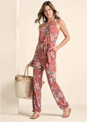 One-Shoulder Jumpsuit - Pink Multi