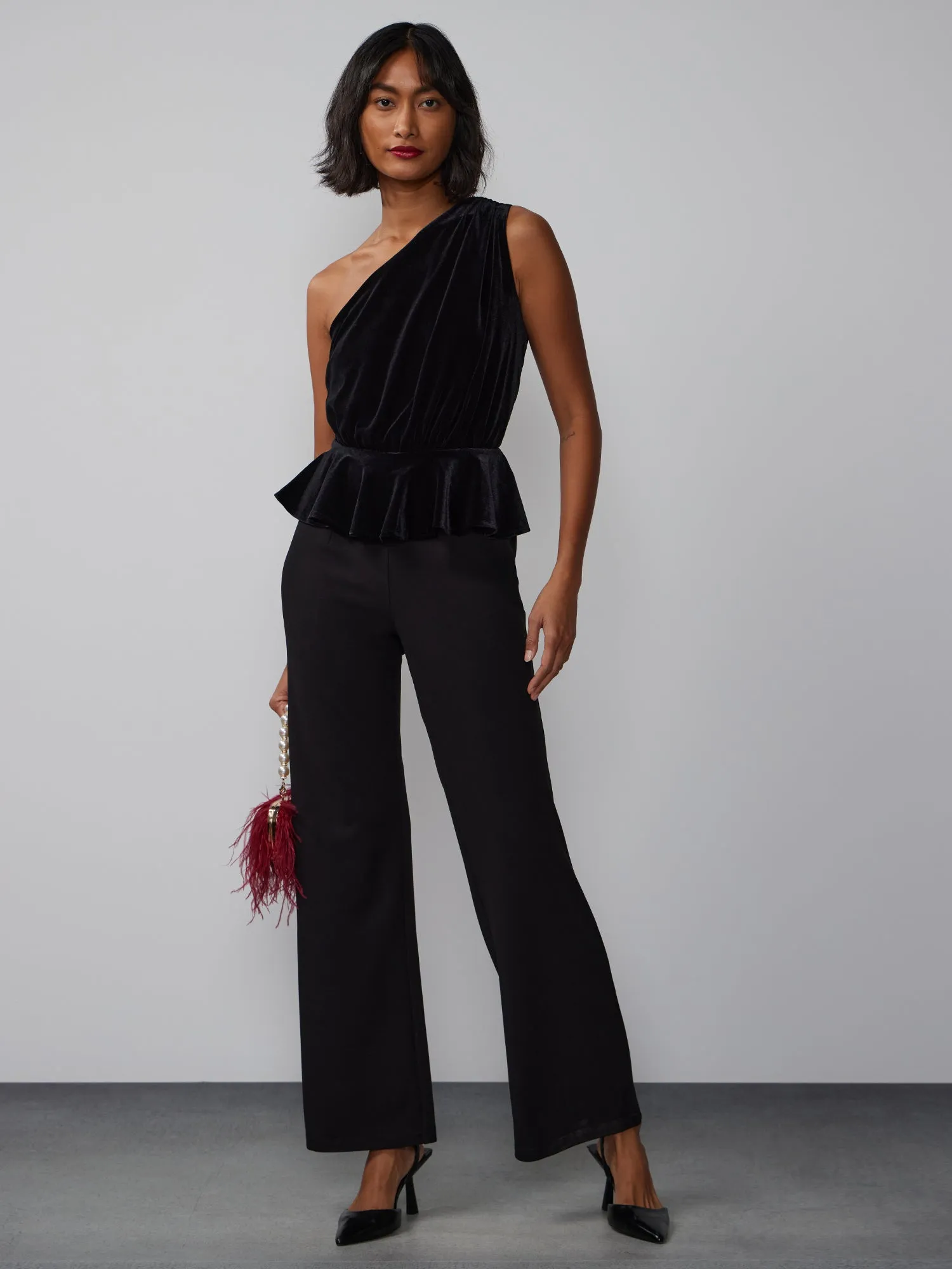 One Shoulder Velvet Jumpsuit