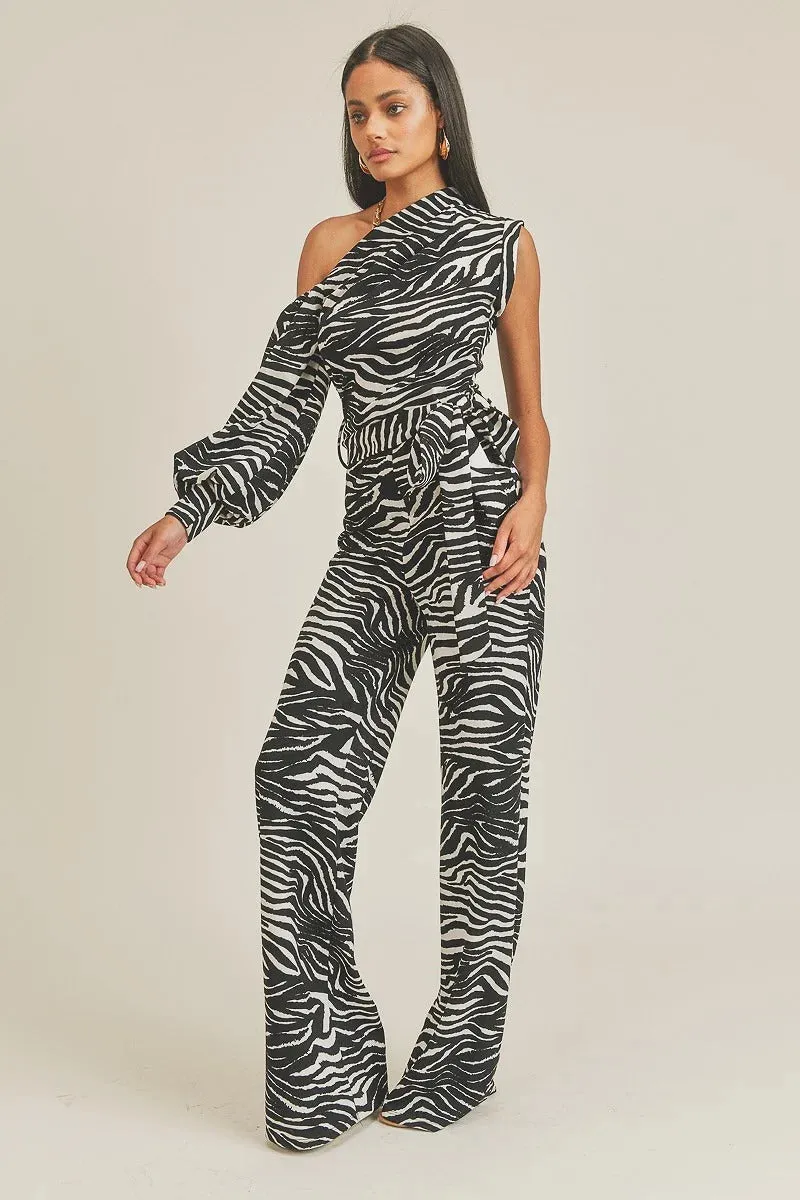 One Shoulder Zebra Print Jumpsuit