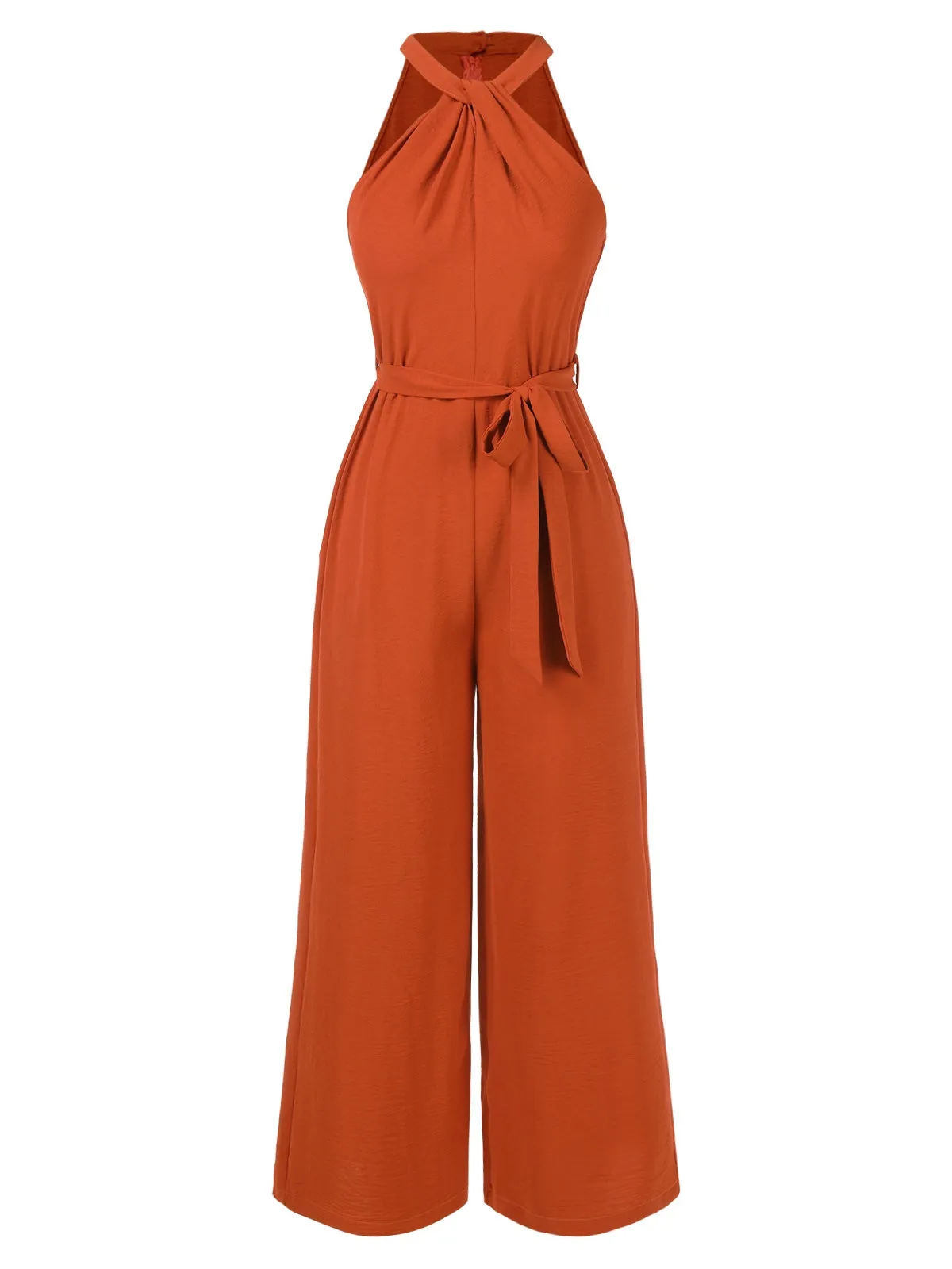 Orange Red 1930s Solid Twist Jumpsuit