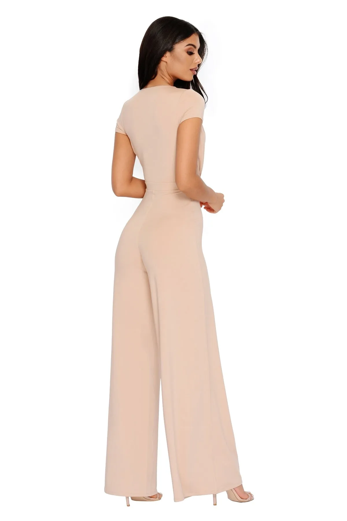 PETITE Sleeve It To Me Extreme Plunge Wide Leg Jumpsuit in Frappe