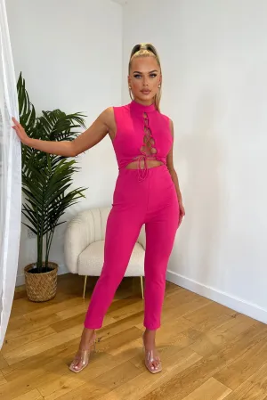 Pink Criss Cross Lace Up High Neck Bodycon Jumpsuit