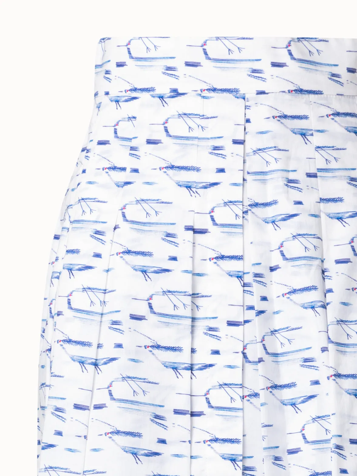 Pleated Cotton Midi Skirt with Kasuri Birds Print